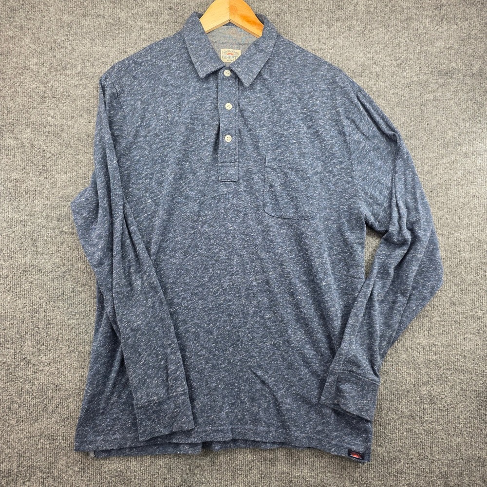 Faherty Brand Mens Long Sleeve Polo Shirt Heathered Blue‎ Size L